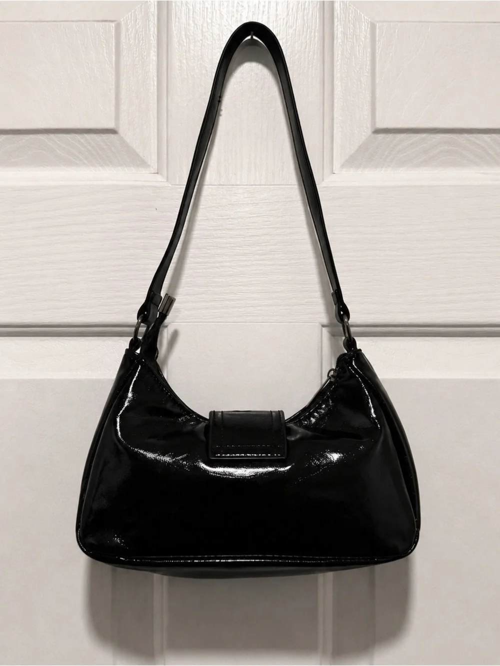 Black Patent Shoulder Bag with Decorative Buckle